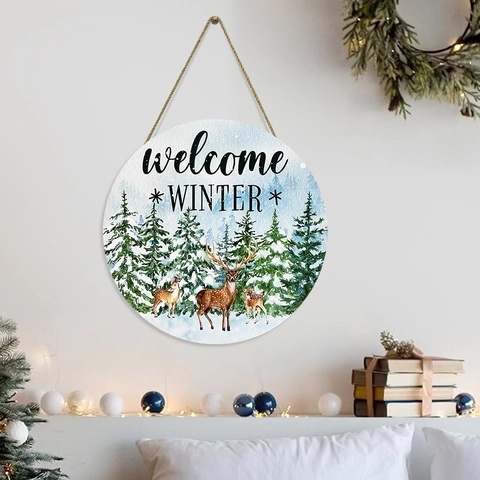 Targa Rotonda Welcome Winter in Legno MDF Decorazione Murale Cervo della Foresta per Natale Decorazione Domestica da Porta