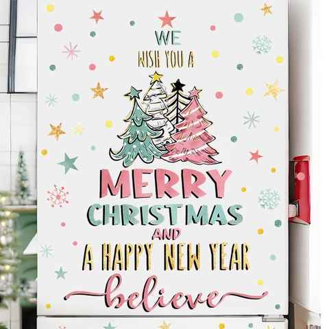 Pegatinas de Pared de Árbol de Navidad de Acuarela PVC Autoadhesivas Copos de Nieve Estrella Para Decoración de Casa