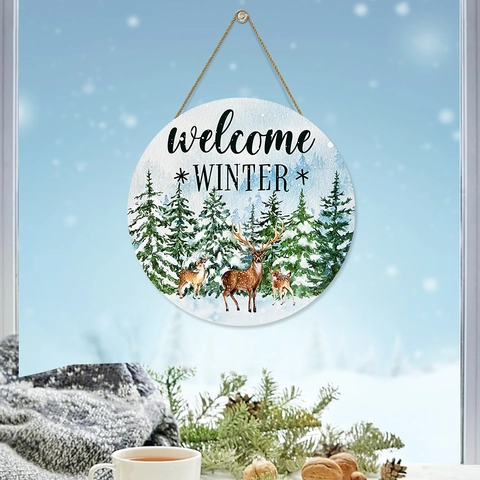 Targa Rotonda Welcome Winter in Legno MDF Decorazione Murale Cervo della Foresta per Natale Decorazione Domestica da Porta