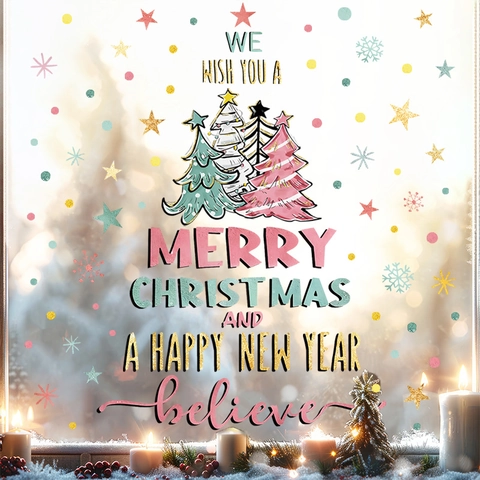 Pegatinas de Pared de Árbol de Navidad de Acuarela PVC Autoadhesivas Copos de Nieve Estrella Para Decoración de Casa