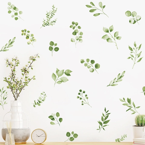 Nordisch Minimalistisch Aquarell Eukalyptusblätter Wandaufkleber PVC Selbstklebend Grün Pflanzen Fenster Deko Für Schlafzimmer