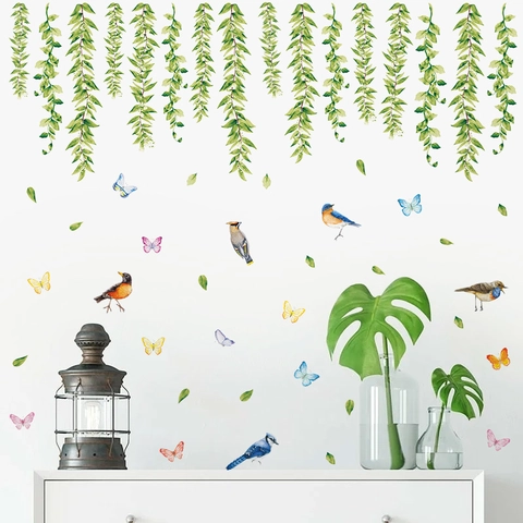 Realistische Weidenranken Kolibri Schmetterling Wandaufkleber PVC Abnehmbare Grüne Pflanzen Wandtattoos Für Zuhause Wohnzimmer Schlafzimmer Dekoration
