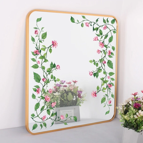 Adesivo da Parete in PVC Creativo Nordic con Vite Floreale Elegante Fiore Rosa Foglia Verde Specchio Decorazione per Guardaroba