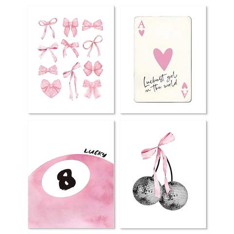 Pink Coquette Wall Art Posters Butterfly Bow Cherry Disco Ball Lucky 8 Ball Aesthetic Canvas Prints For Bedroom Decor