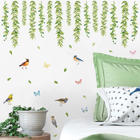 Realistische Weidenranken Kolibri Schmetterling Wandaufkleber PVC Abnehmbare Grüne Pflanzen Wandtattoos Für Zuhause Wohnzimmer Schlafzimmer Dekoration