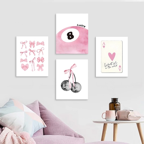 Pink Coquette Wall Art Posters Butterfly Bow Cherry Disco Ball Lucky 8 Ball Aesthetic Canvas Prints For Bedroom Decor