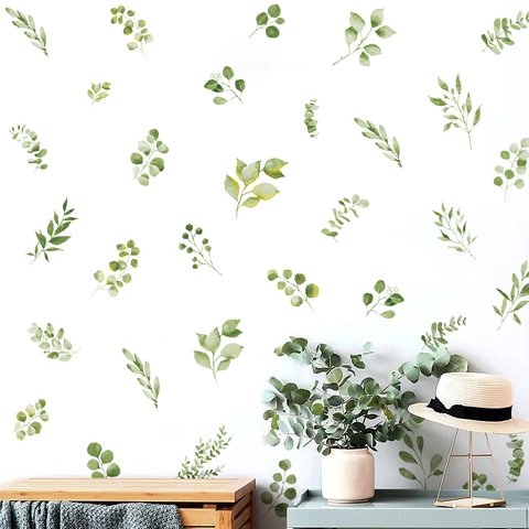 Nordisch Minimalistisch Aquarell Eukalyptusblätter Wandaufkleber PVC Selbstklebend Grün Pflanzen Fenster Deko Für Schlafzimmer