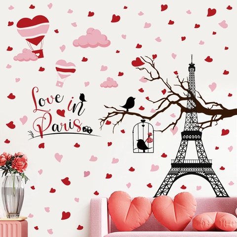 Adesivi Murali Romantici Torre Eiffel Love In Paris Motivo a Cuore Decalcomanie in PVC Per San Valentino Camera da Letto