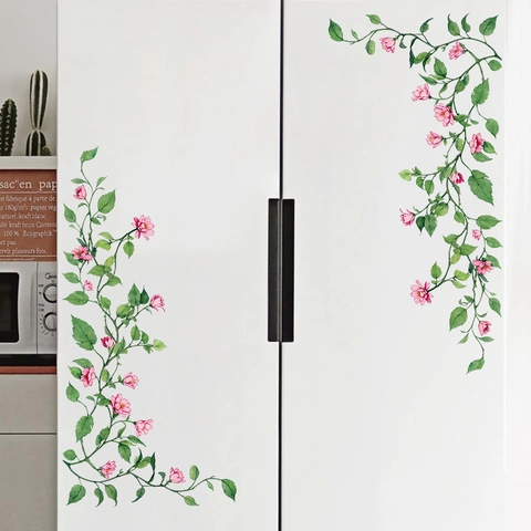 Adesivo da Parete in PVC Creativo Nordic con Vite Floreale Elegante Fiore Rosa Foglia Verde Specchio Decorazione per Guardaroba