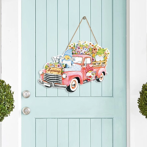 Frühling Gnom Vintage Rosa LKW Holzschild Pastoral Blumen Willkommen Türdekoration Dekorativer Wandbehang Haus Deko Schild