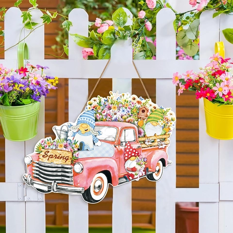 Frühling Gnom Vintage Rosa LKW Holzschild Pastoral Blumen Willkommen Türdekoration Dekorativer Wandbehang Haus Deko Schild