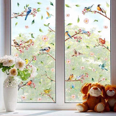 Aquarell Frühlingszweig Grüne Pflanze Kolibri Statischer Fensteraufkleber PVC Blatt Blume Kollektion Für Glas Heimdekor