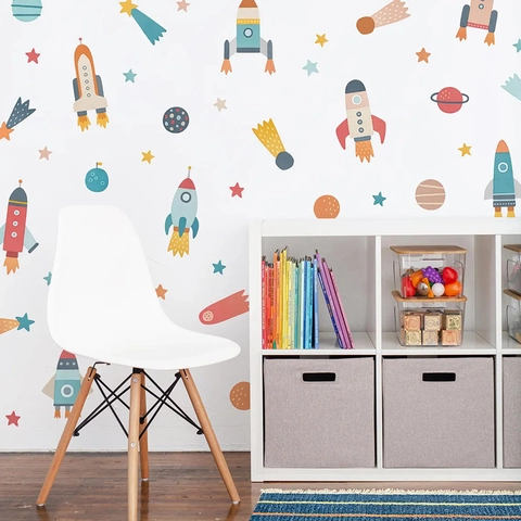 Cartoon Weltraum Universum Wandaufkleber Astronaut Rakete Planet Decals Für Kinderzimmer Kindergarten PVC DIY Home Wandbild