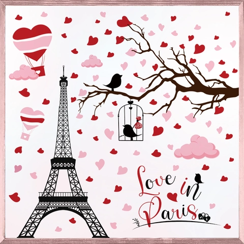 Adesivi Murali Romantici Torre Eiffel Love In Paris Motivo a Cuore Decalcomanie in PVC Per San Valentino Camera da Letto