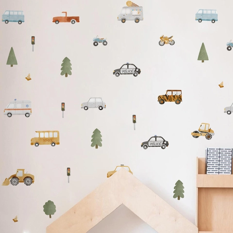 Aquarell Cartoon Transport Wandaufkleber Für Kinderzimmer Abnehmbare PVC Auto Bus Baum Kindergarten Wandtattoo
