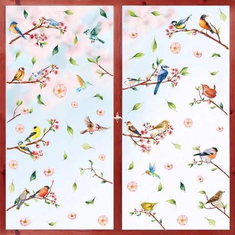 Aquarell Frühlingszweig Grüne Pflanze Kolibri Statischer Fensteraufkleber PVC Blatt Blume Kollektion Für Glas Heimdekor