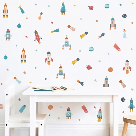 Cartoon Weltraum Universum Wandaufkleber Astronaut Rakete Planet Decals Für Kinderzimmer Kindergarten PVC DIY Home Wandbild