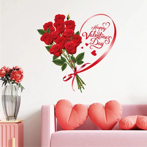 Valentine's Day Red Rose Heart Wall Sticker Romantic PVC Removable Window Decals For Wedding Party Home Decor Shop Window