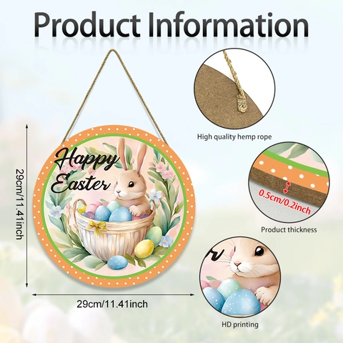 Easter Door Sign Happy Easter Wooden Welcome Sign Rabbit Egg Floral Pattern Circular Wall Hanging MDF Board Home Party Decor