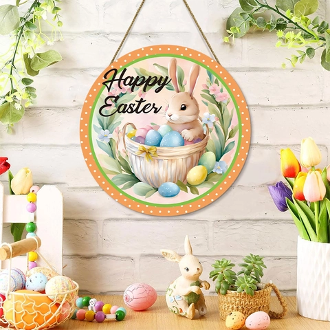 Easter Door Sign Happy Easter Wooden Welcome Sign Rabbit Egg Floral Pattern Circular Wall Hanging MDF Board Home Party Decor