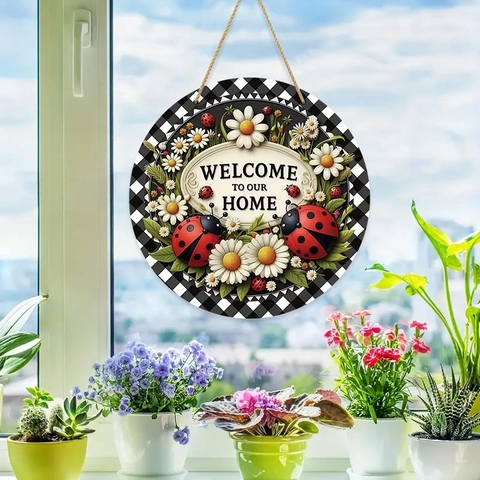 Round Wooden Welcome Sign Farmhouse Door Decor Daisy Ladybug Floral Pattern Rustic Wall Hanging For Spring Home Decoration