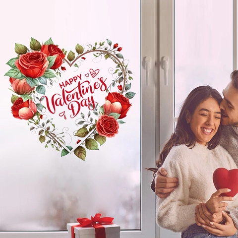 Valentine's Day Red Rose Heart Wall Sticker Romantic PVC Removable Window Decals For Wedding Party Home Decor Shop Window