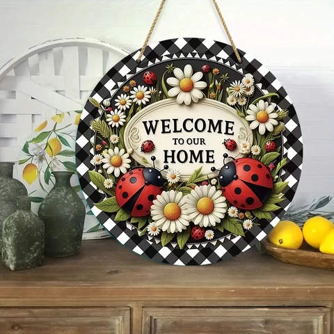 Round Wooden Welcome Sign Farmhouse Door Decor Daisy Ladybug Floral Pattern Rustic Wall Hanging For Spring Home Decoration