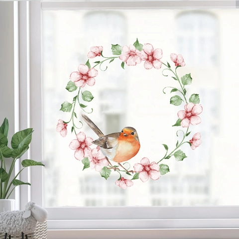 Pastoraler Stil Aquarell Kolibri Blumenkranz Statische Fensteraufkleber PVC Statisch Wiederverwendbare Glasaufkleber Hausdeko
