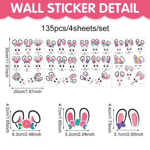 Stickers de Pâques Visage de Lapin et Œufs Colorés pour Décoration de Maison Cartoon PVC Stickers Muraux pour Frigo Armoire Décor