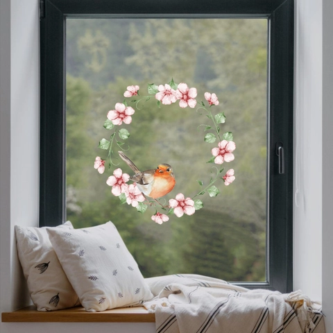 Pastoraler Stil Aquarell Kolibri Blumenkranz Statische Fensteraufkleber PVC Statisch Wiederverwendbare Glasaufkleber Hausdeko