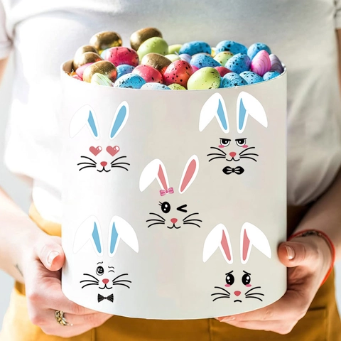 Stickers de Pâques Visage de Lapin et Œufs Colorés pour Décoration de Maison Cartoon PVC Stickers Muraux pour Frigo Armoire Décor