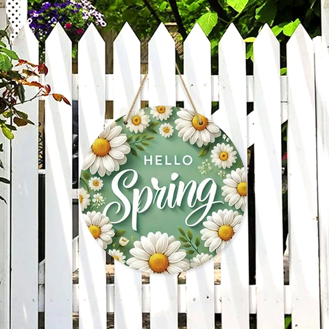 Round Wooden Hello Spring Door Sign Daisy Sunflower Pattern Wall Plaque Rustic Farmhouse Porch Hanging Decoration
