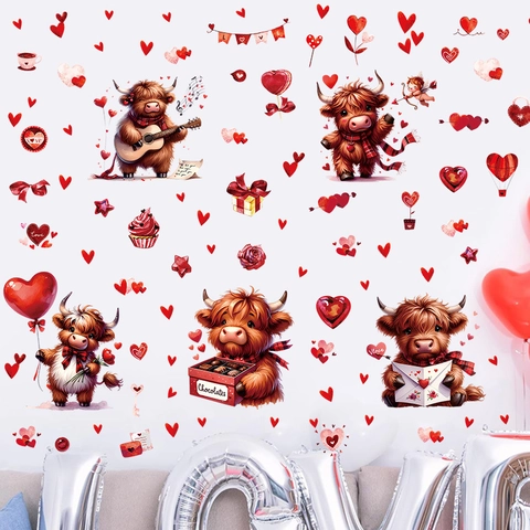 Aquarell Hochlandrind Valentinstag Fensteraufkleber Herz Tier Statische Haftung PVC Aufkleber Für Haus Glas Dekor
