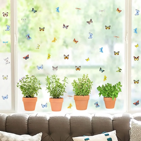 Frisch Grün Topfpflanzen Schmetterling Wandaufkleber PVC Selbstklebend Fensterbilder Für Wohnzimmer Schlafzimmer Home Decor