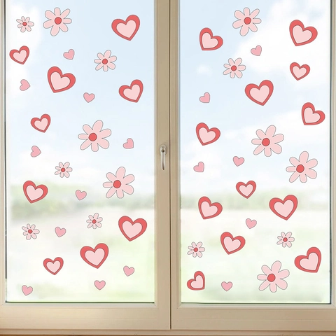 Valentijnsdag Roze Hart Madeliefje Muurstickers PVC Vensterstickers Decoratie Voor Slaapkamer Woonkamer Babykamer Huis Decoratie