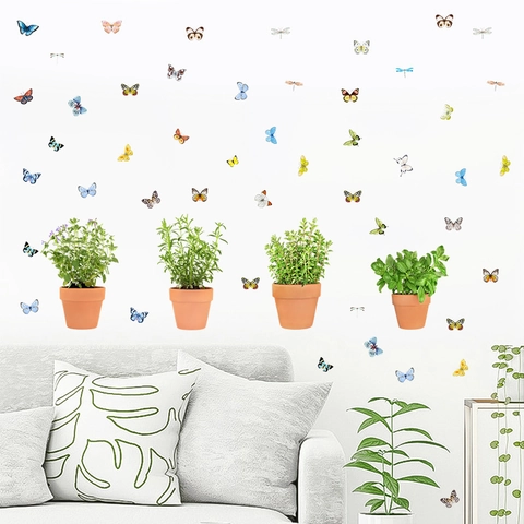 Frisch Grün Topfpflanzen Schmetterling Wandaufkleber PVC Selbstklebend Fensterbilder Für Wohnzimmer Schlafzimmer Home Decor