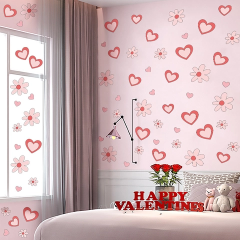 Valentijnsdag Roze Hart Madeliefje Muurstickers PVC Vensterstickers Decoratie Voor Slaapkamer Woonkamer Babykamer Huis Decoratie