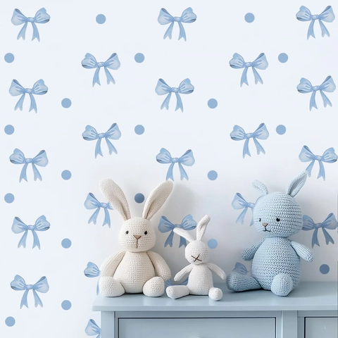Watercolor Blue Bow Polka Dot Wall Stickers PVC Decorative Decals For Kids Nursery Bedroom Bohemian Interior Home Decor