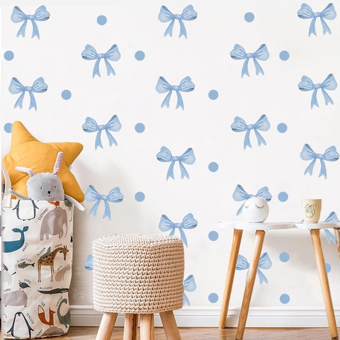 Watercolor Blue Bow Polka Dot Wall Stickers PVC Decorative Decals For Kids Nursery Bedroom Bohemian Interior Home Decor