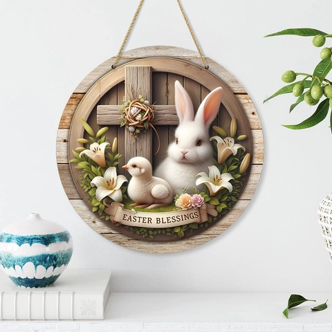 Easter Wooden Welcome Sign Round Rabbit Cross Floral Print Wall Hanging Door Decor For Spring Easter Blessings Home Decoration