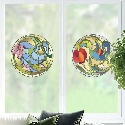 Fensteraufkleber Im Buntglas-Stil Kolibri Blumen Design Statisch Haftende PVC Aufkleber Für Kühlschrank Heimdekoration
