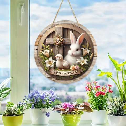 Easter Wooden Welcome Sign Round Rabbit Cross Floral Print Wall Hanging Door Decor For Spring Easter Blessings Home Decoration