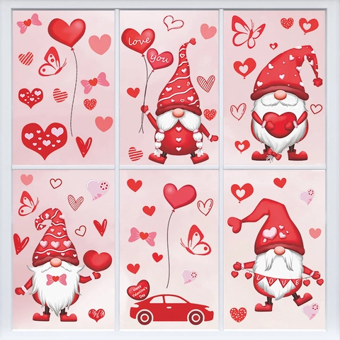 Pegatinas de Ventana de Gnomo de San Valentín Calcomanías de Corazón Rojo Gnomo Para Ventana de Vidrio Decoración del Hogar