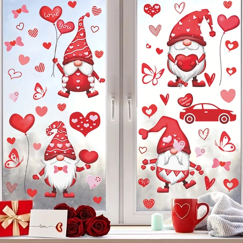 Pegatinas de Ventana de Gnomo de San Valentín Calcomanías de Corazón Rojo Gnomo Para Ventana de Vidrio Decoración del Hogar