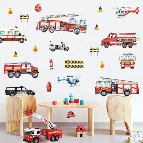 Watercolor Cartoon Transportation Wall Stickers PVC Fire Truck Police Car Decals For Kids Bedroom Nursery Kindergarten Decor