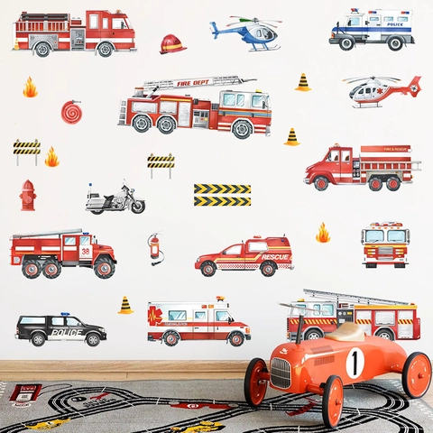 Watercolor Cartoon Transportation Wall Stickers PVC Fire Truck Police Car Decals For Kids Bedroom Nursery Kindergarten Decor