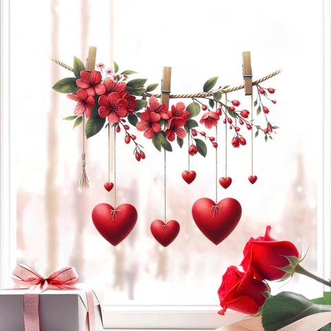 Valentinstag Statisch Fensteraufkleber PVC Aufkleber Rote Rose Herz Girlande Romantisch Festival Dekor Für Fenster Glas