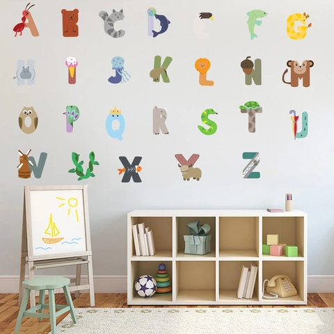 Cartoon Animal Alphabet Wall Stickers PVC Educational ABC Decals For Kids Nursery Bedroom Classroom School Home Decor