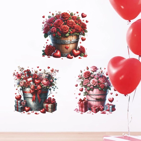 Adesivi Murali di San Valentino in PVC Con Rose Cuori e Fiori Adesivo Illustrazione Removibile per Finestre Casa Matrimonio