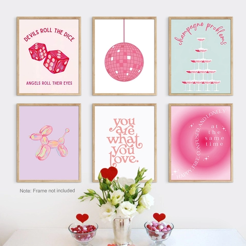 Nordisch Rosa Schleife Kirsche Leinwand Poster Set Discokugel Ballonhund Wandkunst Drucke Für Mädchen Schlafzimmer Deko